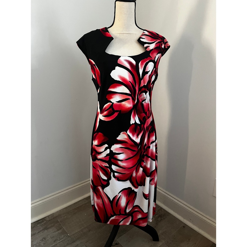 Floral Sheath Dress size 14 Red Black Office Chic Cocktail Mod Wedding Guest